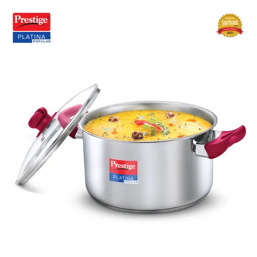 Prestige Platina Popular Stainless Steel Unique Impact Forged Bottom Casserole with Glass Lid, 22cm (4.6 L) (Silver)